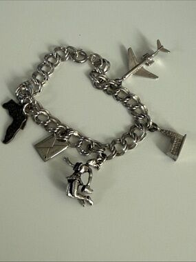 Vintage Sterling Silver Charm Travel Bracelet Florida cheerleader airplane
